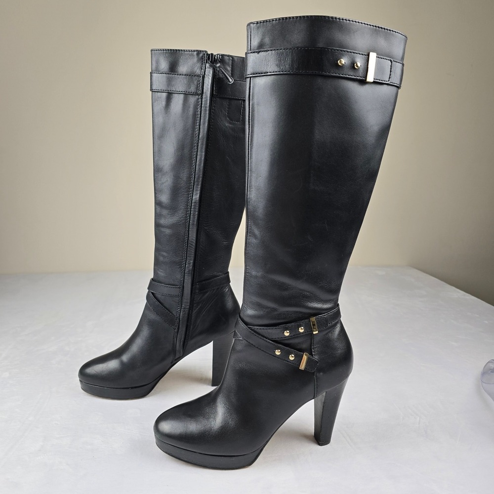 Cole Haan Black Leather Knee High Platform Heeled Boots Women's‎ Size 5.5B